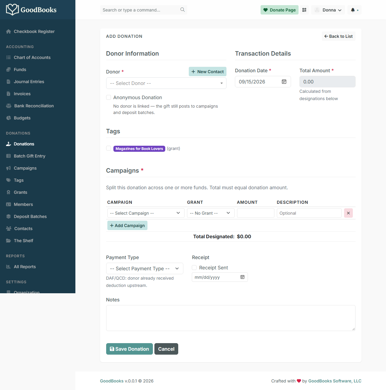 The Add Donation form: donor picker, date and amount, campaign designations, payment type