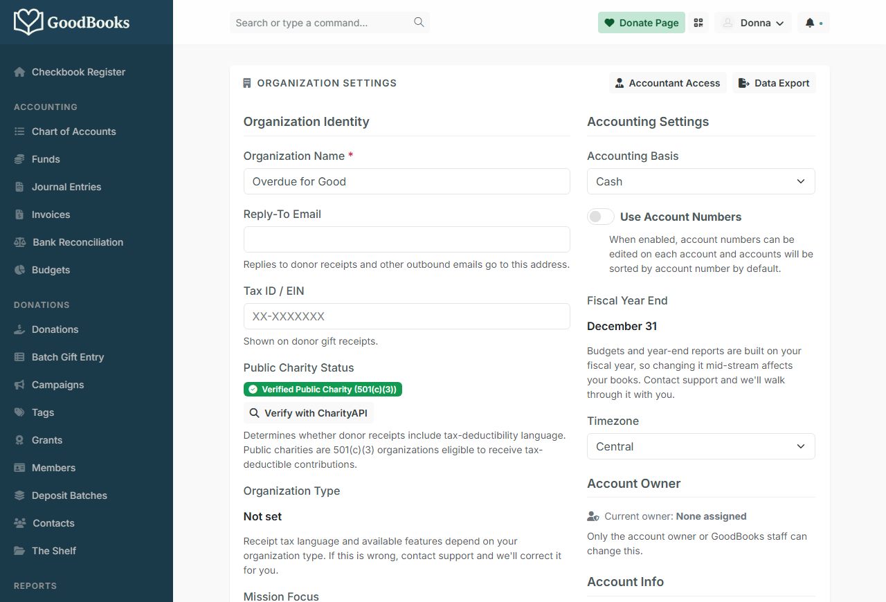 Settings → Organization: identity, contact, and accounting settings