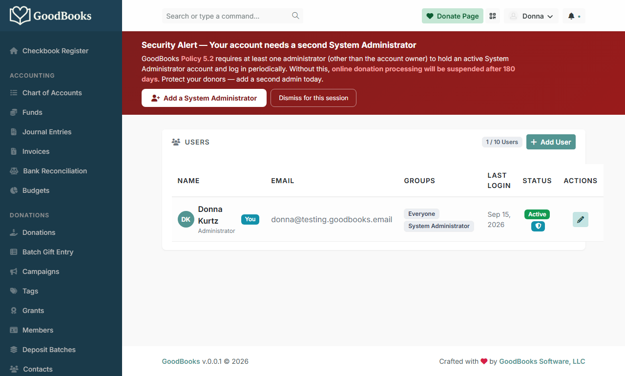The Policy 5.2 banner above the Users page