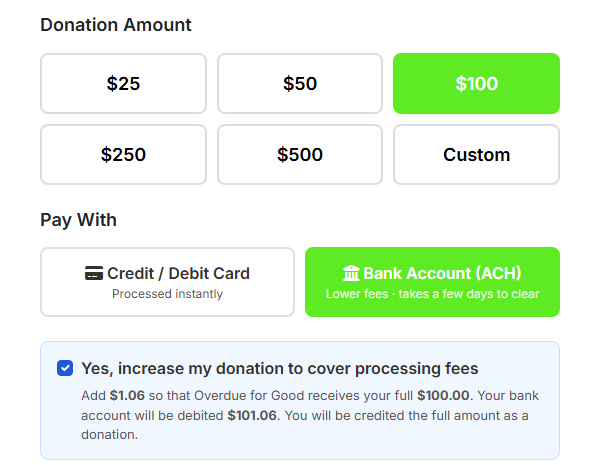 The giving page's Pay With choice with Bank Account (ACH) selected