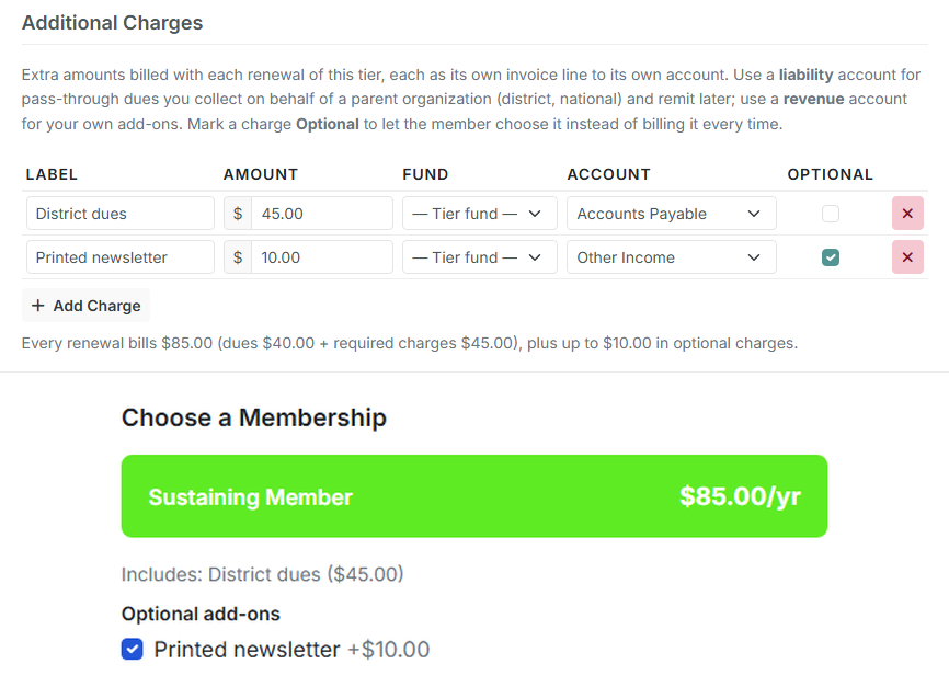 The tier editor's Additional Charges list, and how the tier appears on the public membership page