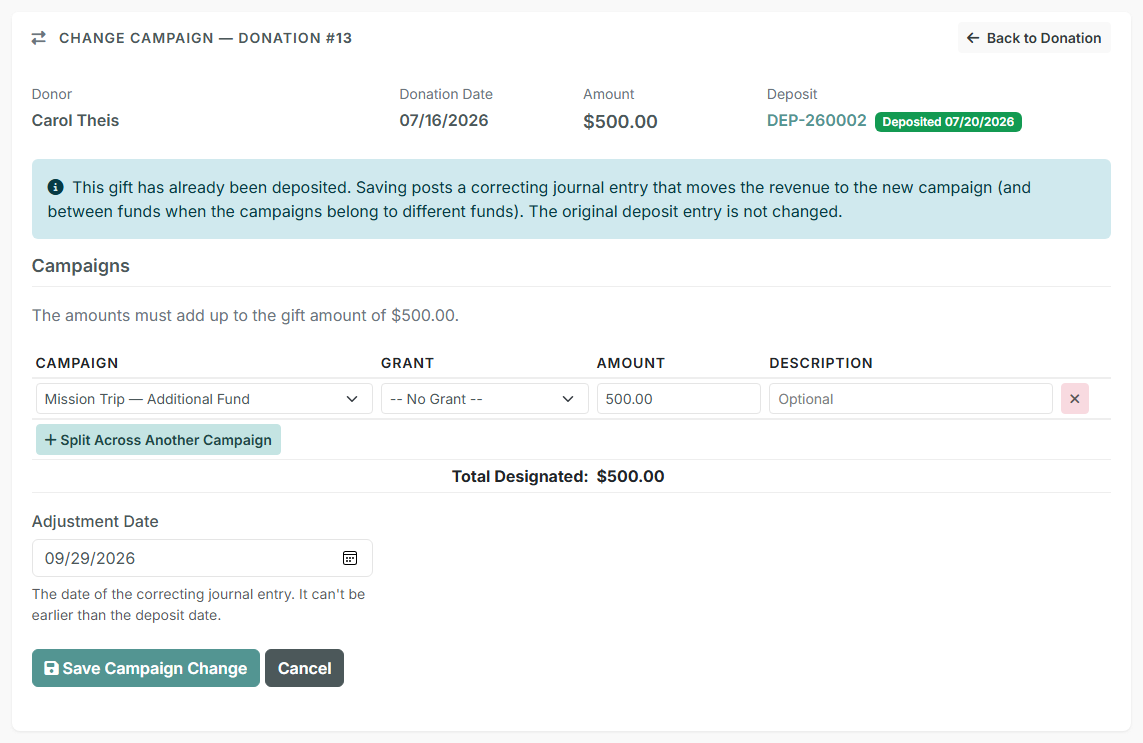 The Change Campaign page: the gift's details, the campaign rows, and the adjustment date
