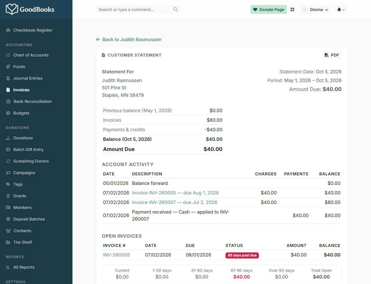 A customer statement showing the account summary, activity for the period, and open invoices