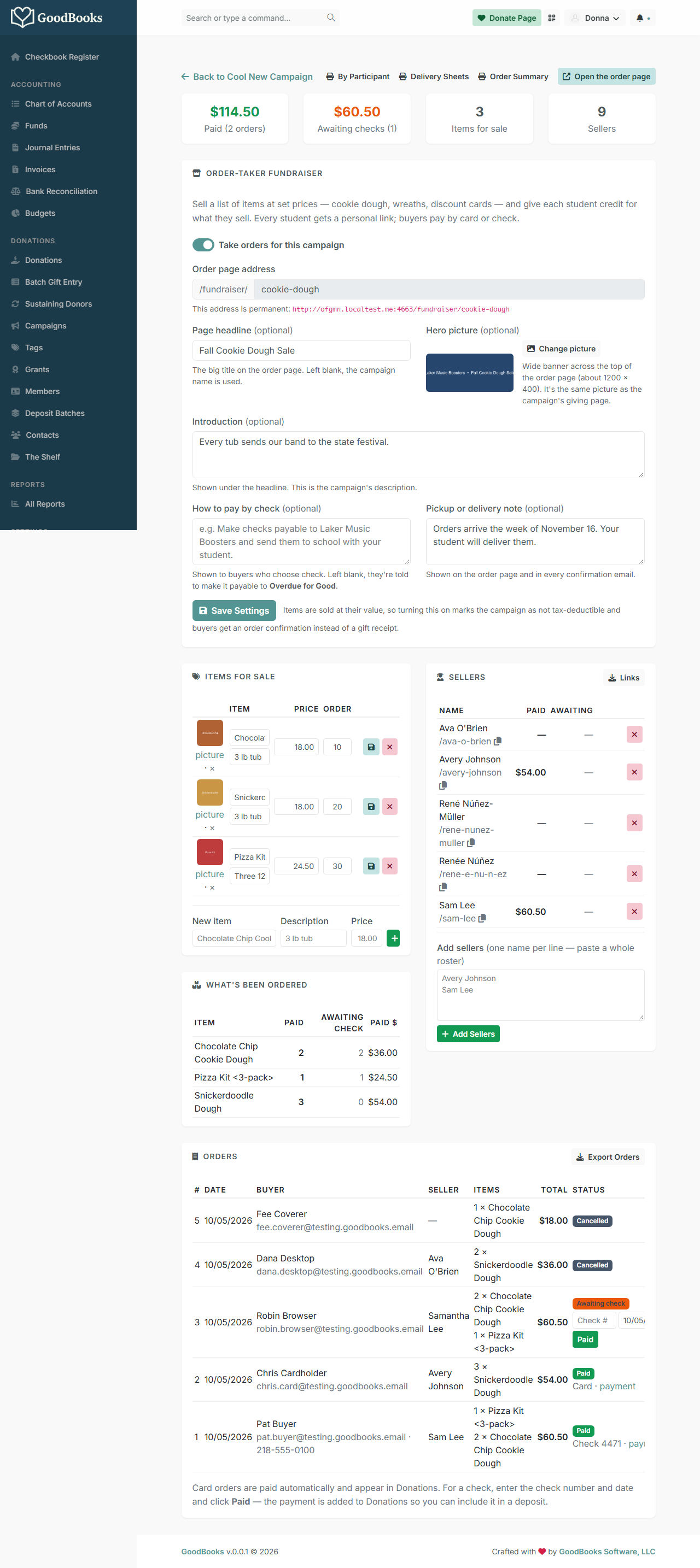 The fundraiser admin page: settings, items for sale, sellers, and orders