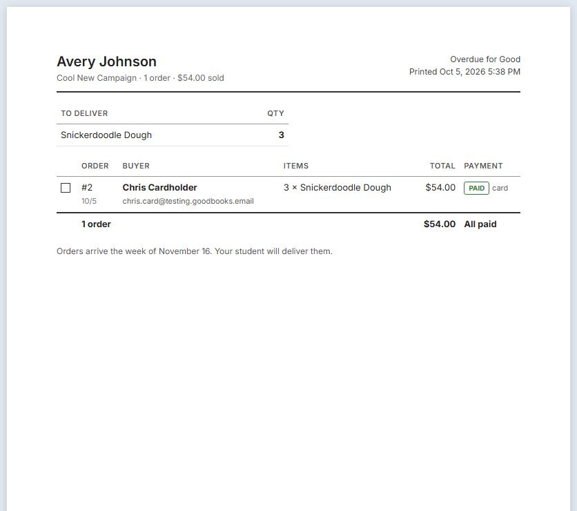 A delivery sheet: one student's orders with buyer, items, and payment status