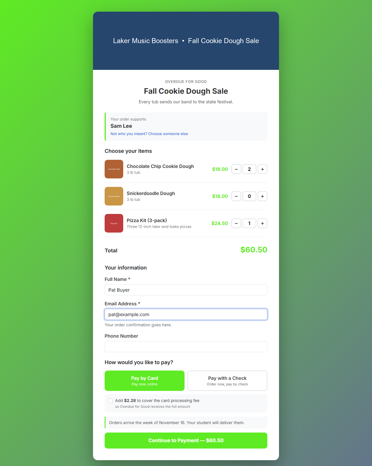 An order page: items with pictures and quantities, the student being supported, and card or check payment